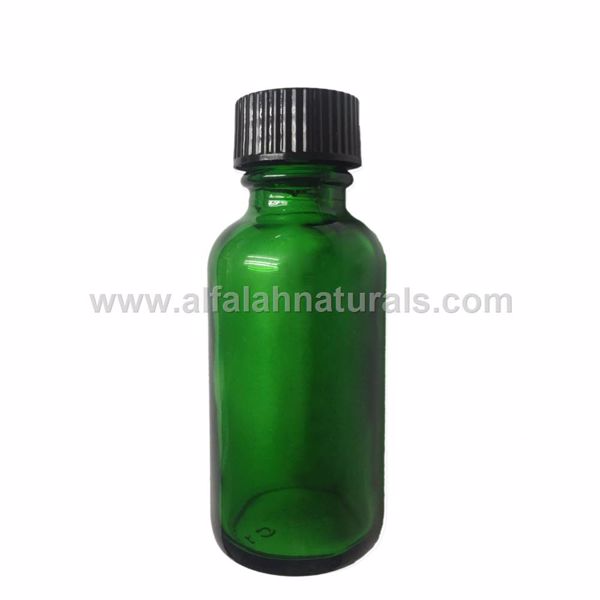 Picture of Boston Round 1 oz Green Glass Bottles With Poly Cone Lined Black Caps